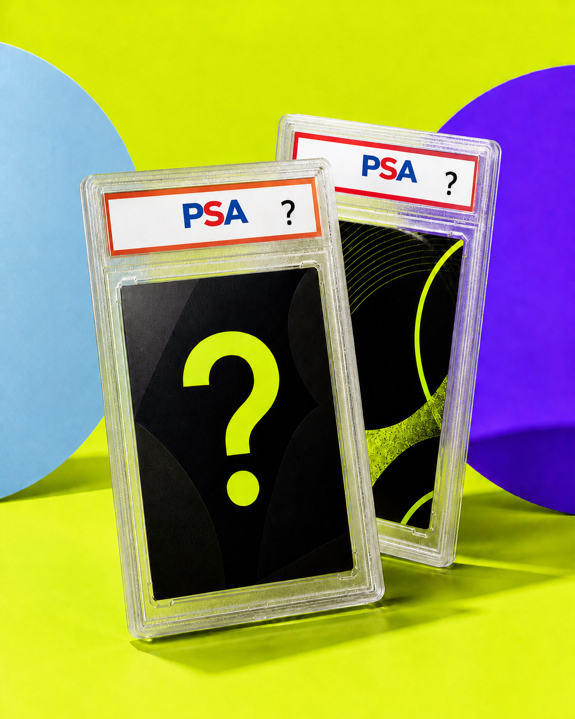 Twee premium mystery trading-card slabs in transparante PSA-cases